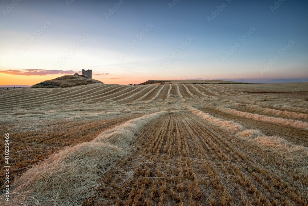 ffreshly harvested wheat fields at sunset, with the piles of straw still on the ground, with a castle ruin in the background, Atanzon, Guadalajara, Spain