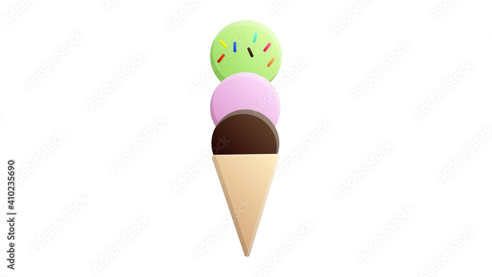 ice cream on a white background, illustration. appetizing, sweet, milky dessert. ice cream in a waffle cup, with bright balls. sweetness for children and adults ice cream on a white background, illustration. appetizing, sweet, milky dessert. ice cream in a waffle cup, with bright balls. sweetness for children and adults