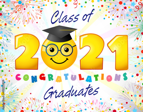 Class of 2021 year graduating banner, congrats concept. Creative funny 3D sign, class off happy holiday invitation poster. Isolated abstract graphic design template. Web symbol. White color backdrop.
