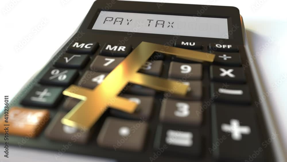 Franc currency symbol on the keys and PAY TAX text on calculator display. Conceptual 3d animation Franc currency symbol on the keys and PAY TAX text on calculator display. Conceptual 3d animation