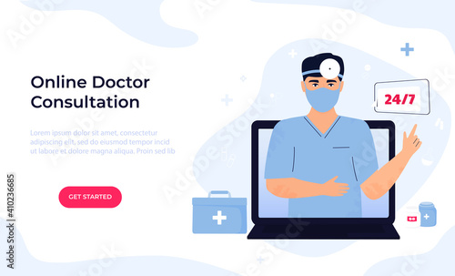 Man otorhinolaryngologist doctor in protective mask and head reflector consults online by video call on laptop. Ent clinic. Telemedicine concept. Chat with a medical worker. Web page template.