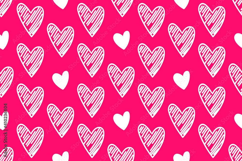 Vector abstract seamless hand drawn hearts pattern. Bright pink background with white doodled hearts. Trendy print design for textile, wrapping paper, wedding backdrops, Valentine's Day concepts etc. Vector abstract seamless hand drawn hearts pattern. Bright pink background with white doodled hearts. Trendy print design for textile, wrapping paper, wedding backdrops, Valentine's Day concepts etc.