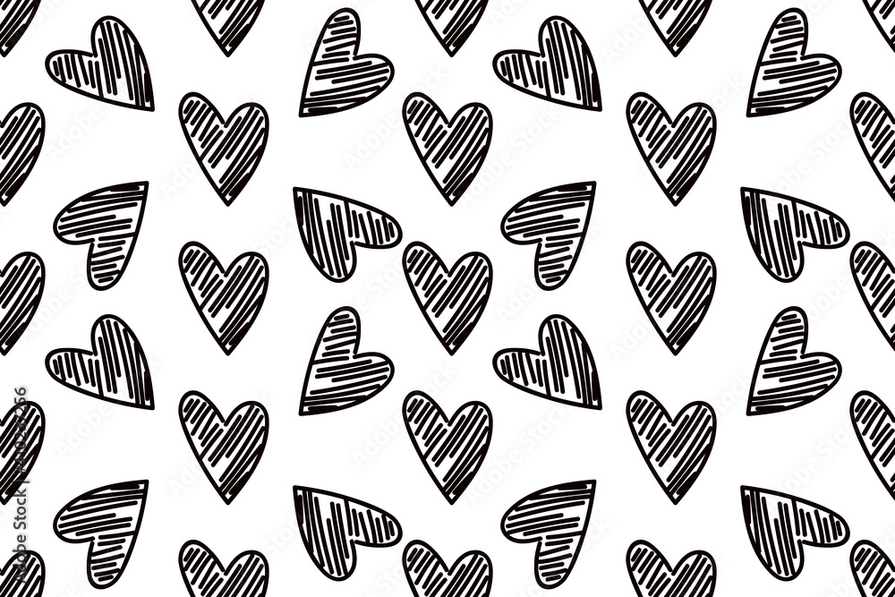 Black hearts cute trendy seamless pattern in doodle style. Applicable for textile, wrapping paper, wedding backdrops, romantic Valentine's Day concepts etc.