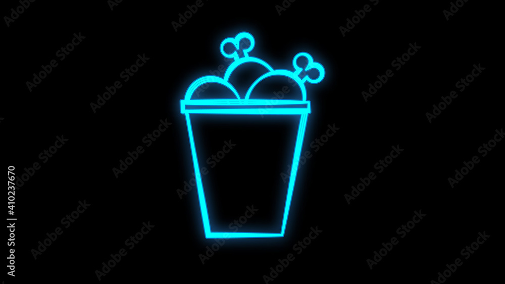 Obraz premium Chicken bucket neon light icon. BBQ chicken drumsticks, legs. Unhealthy fast food. Cafe, steakhouse menu. Meat cookery. Glowing sign with alphabet, numbers and symbols. isolated illustration