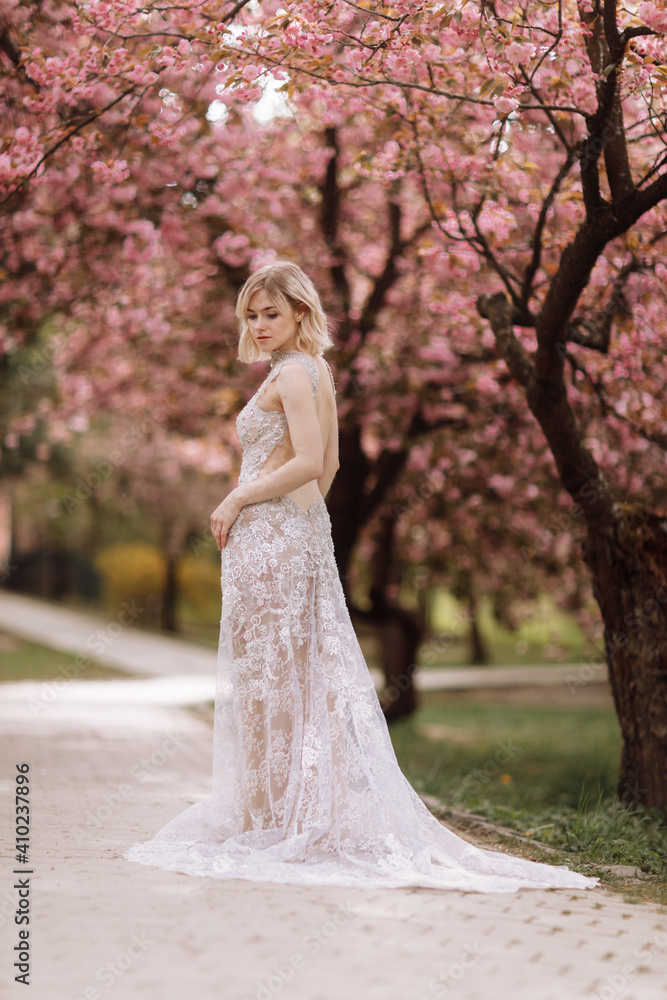 woman's day. beautiful young woman in luxury long dress near blossoming of sakura. stylish girl near blossoming sakura flowers on background in the spring park. Harmony with nature concept woman's day. beautiful young woman in luxury long dress near blossoming of sakura. stylish girl near blossoming sakura flowers on background in the spring park. Harmony with nature concept