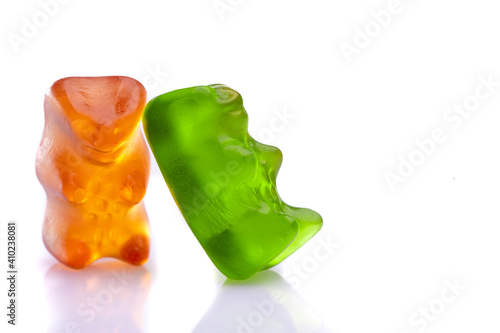 Sweet gummy bears on white background