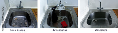 Before, during, and after cleaning. The process of cleaning a dirty stainless steel metal kitchen sink. An example of successful operation of cleaning products, advertising of cleaning products, compa