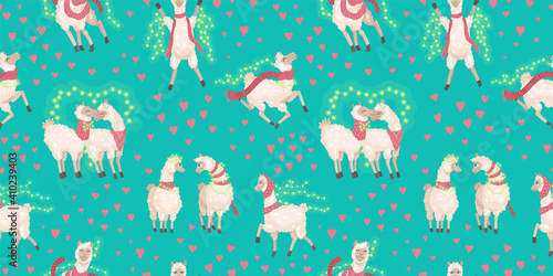 Pair of alpacas celebrate Valentine's Day, Valentine's Day. Seamless pattern, vector drawing cute illustration on brown background