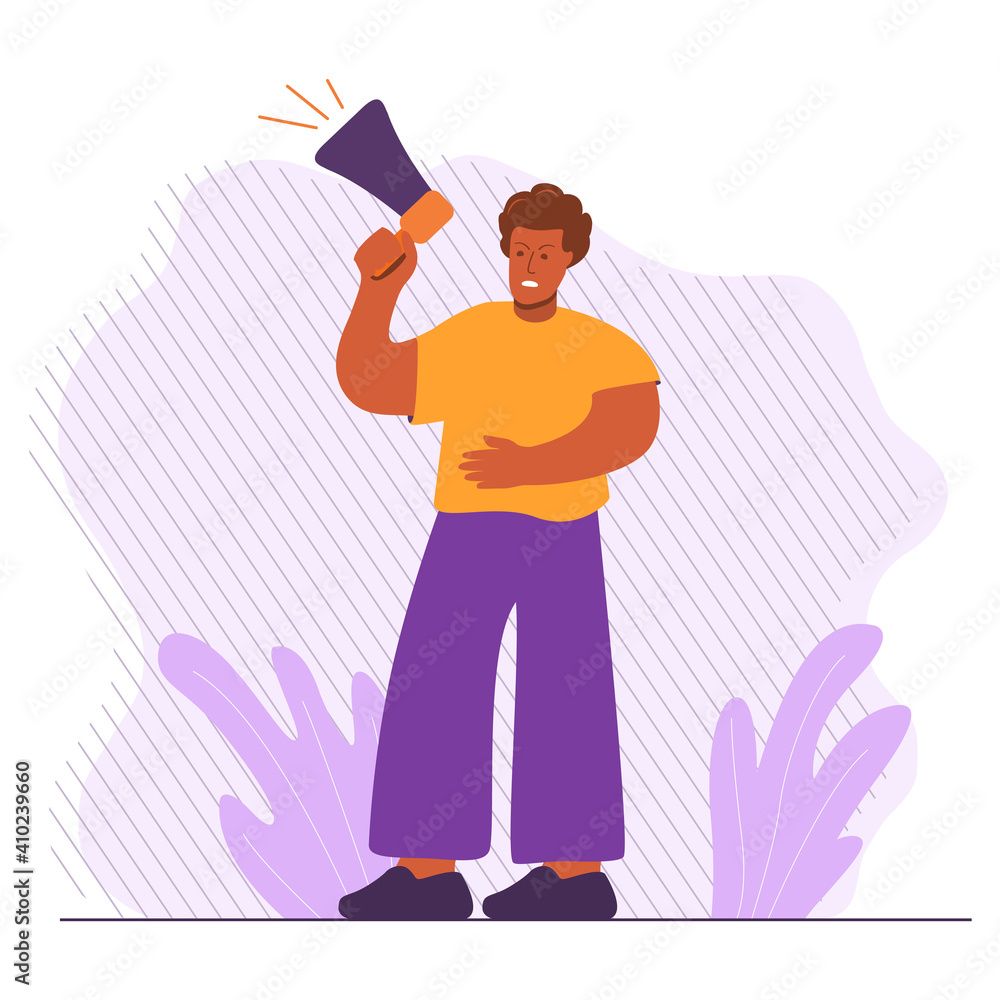 African american man holds loudspeaker.  Black man protesting for their rights.Vector flat cartoon style.Protesting people.Person with megaphone.