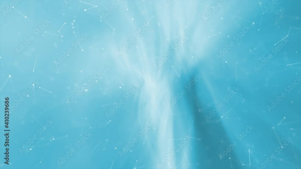 Modern smooth features animated technology and science based shapes, connected white lines and blurry and glowy flicker dots on a bright blue background.