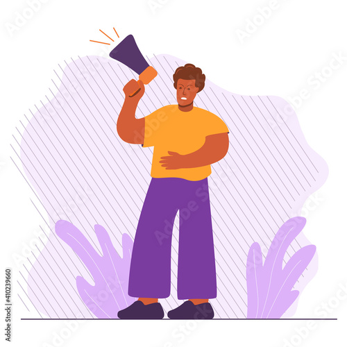 African american man holds loudspeaker.  Black man protesting for their rights.Vector flat cartoon style.Protesting people.Person with megaphone.