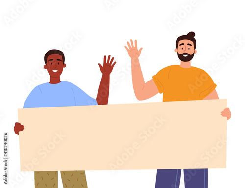 Guys holding a blank poster with place for text. A young people holds a bullet leaf in their hands. Teenagers shows a poster and waving their hands. Vector trendy illustration.