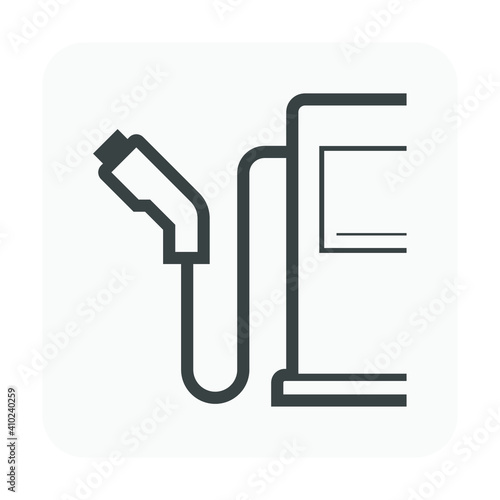 Fuel nozzle vector icon. Automatic device connect to pump and fuel dispenser by flexible hose for refueling car, automobile or vehicle in petrol, gas or filling station, i.e. gasoline, diesel, benzine