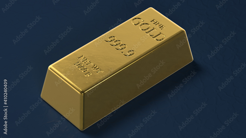 Golden ingot on a dark blue background. 3d render. Golden ingot on a dark blue background. 3d render.