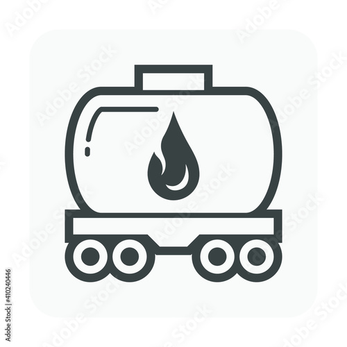 Tank car or railroad car icon. Also called tank wagon or tanker wagon. For transport liquid and gaseous commodities i.e. oil, gas, gasoline, diesel, milk, wine, juice, water and industrial chemical.