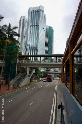 View of Hong Kong buildings from inside Hong Kong tram.  © Emily