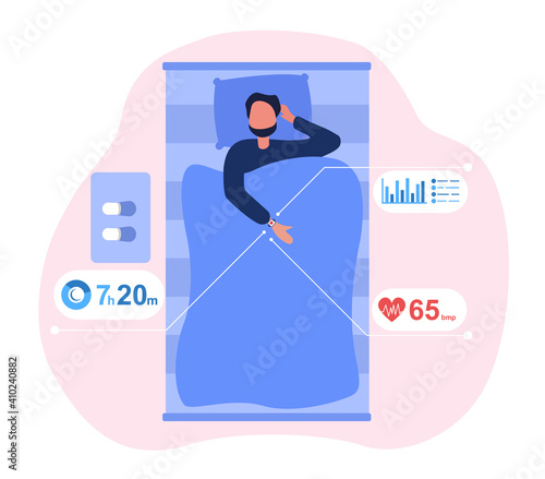 Male character is lying in bed with sleep app. Man is sleeping with wristband that analyses heart rate and sleep time. Flat cartoon vector illustration