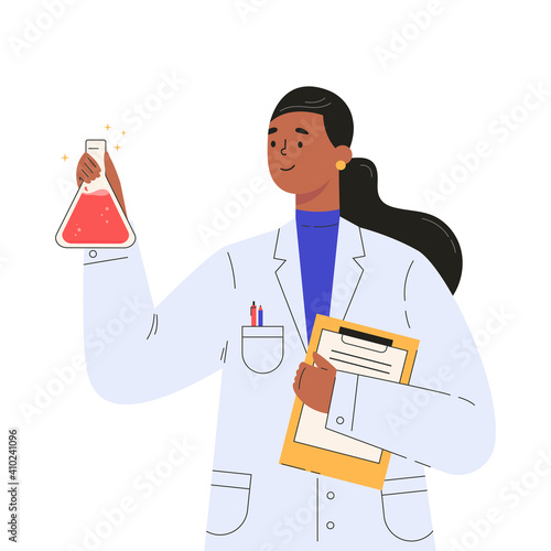 Vaccine discovery concept. Scientists doctor with flasks and folder working on antiviral treatment development. Young female doctor in a medical gown. Vector illustration in flat cartoon style.