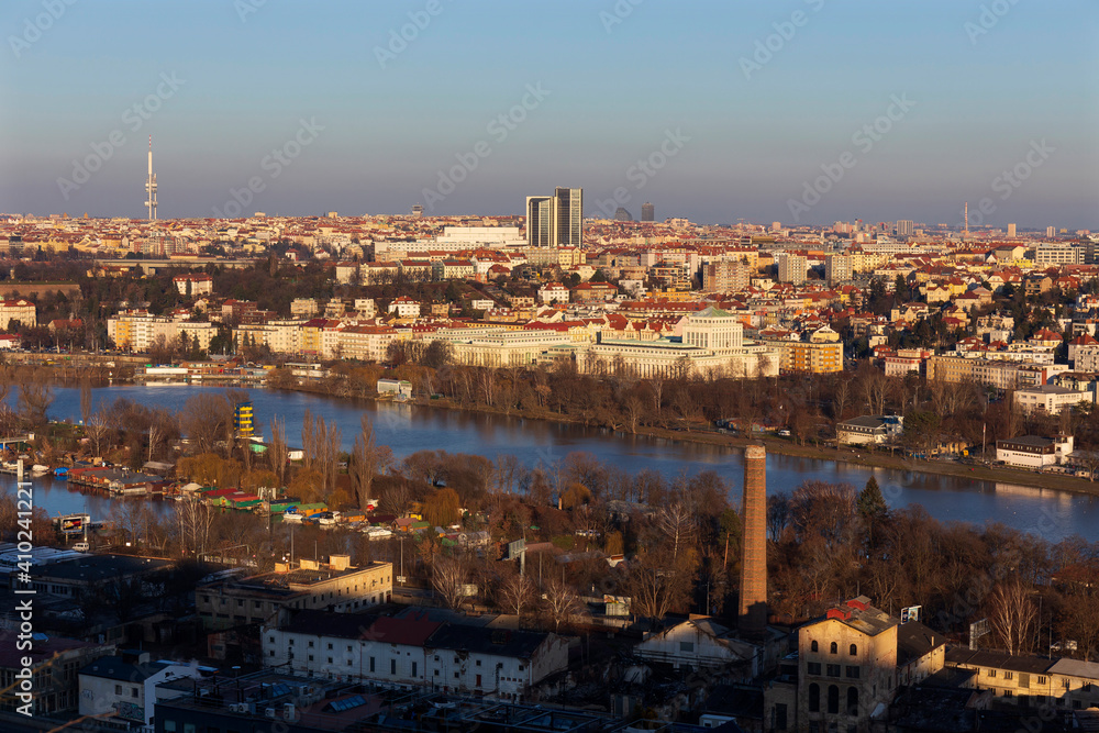 Winter Prague City from the Hill Devin in the sunny Day, Czech Republic