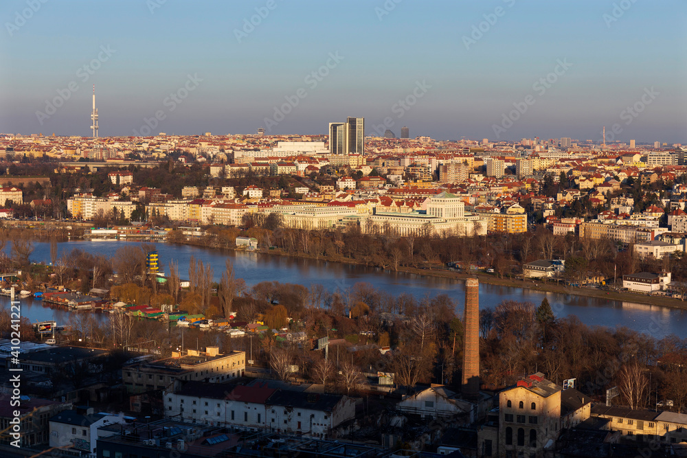 Fototapeta premium Winter Prague City from the Hill Devin in the sunny Day, Czech Republic