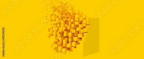 Rende tridimensional de cubo desintegrado. Diseño 3d de cubos unicolores. Ilustración minimalista y colorida