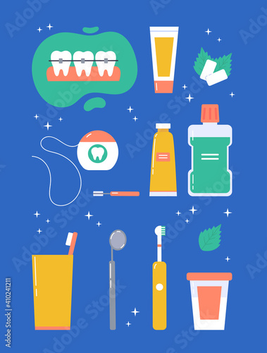 Dental care concept. Various accessories for daily dental care. Toothbrush, dental floss, mouthwash, braces, chewing gum, mint, dentifrice. Vector cartoon illustration in trendy colors.