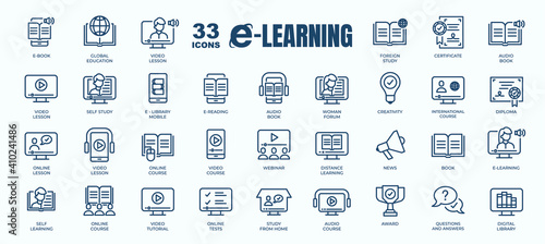 Simple Set of E-Learning, Online Course and Education Related Vector Line Icons. Contains thin Icons as Ebook, Audio book, Distance Study and more. Editable Stroke. 48x48 Pixel Perfect