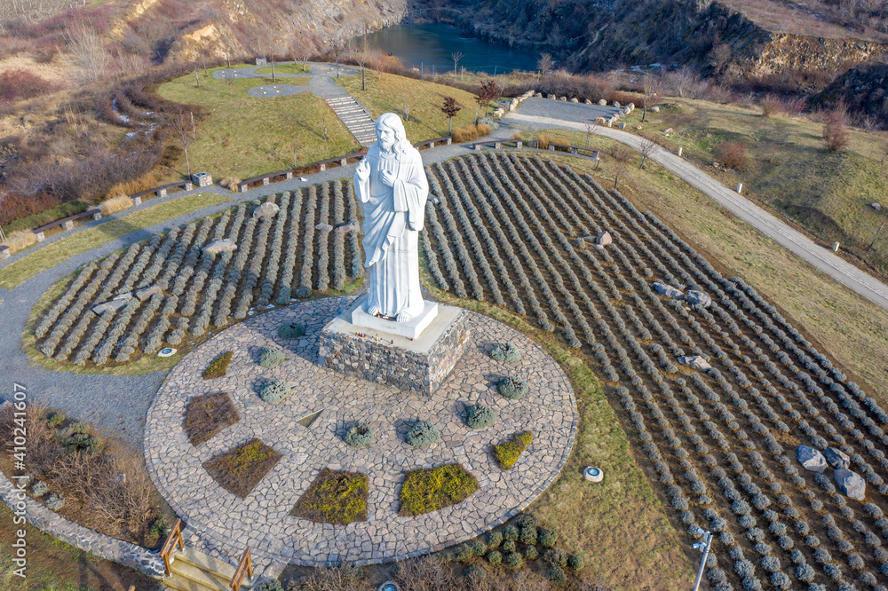 Hungary - Tarcal, Statue of Blessed Christ from drone view
