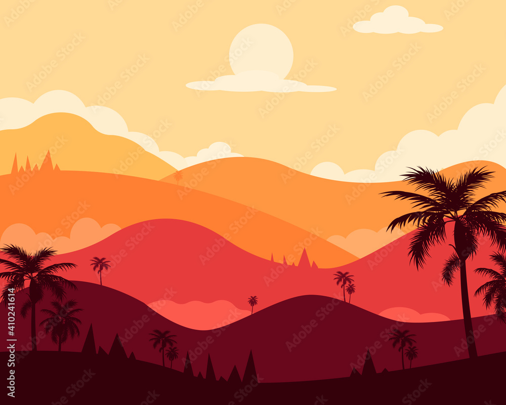 Vector illustration of nature with mountains and 
palm trees.