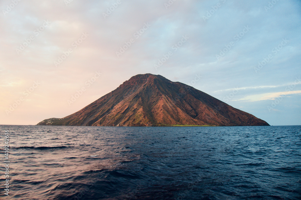 Stromboli Volcano, Island at Sunset in Aeolian Islands, Europe.