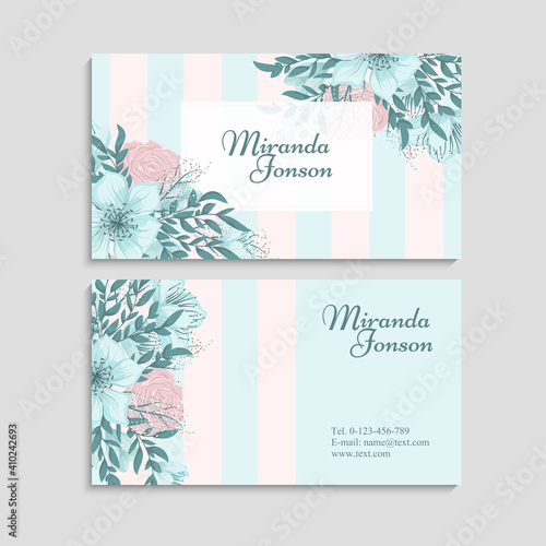 Vintage business and visiting card with floral pattern. Vector illustration