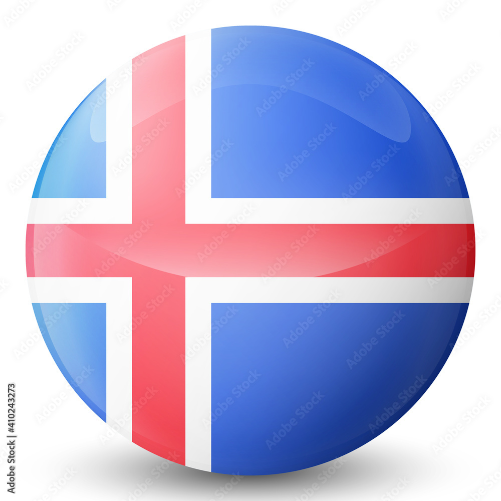 Obraz premium Glass light ball with flag of Iceland. Round sphere, template icon. Icelandic National symbol. Glossy realistic ball, 3D abstract vector illustration highlighted on a white background. Big bubble.