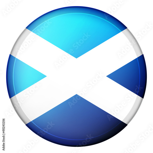Glass light ball with flag of Scotland. Round sphere, template icon. Scottish national symbol. Glossy realistic ball, 3D abstract vector illustration highlighted on a white background. Big bubble.