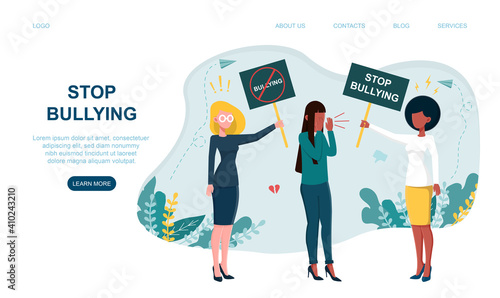 Female characters are protesting against bullying. Concept of harassment with unfriendly mean attitude. Website, web page, landing page template. Flat cartoon vector illustration