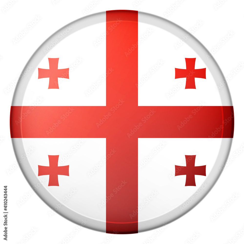 Obraz premium Glass light ball with flag of Georgia. Round sphere, template icon. Georgian national symbol. Glossy realistic ball, 3D abstract vector illustration highlighted on a white background. Big bubble.