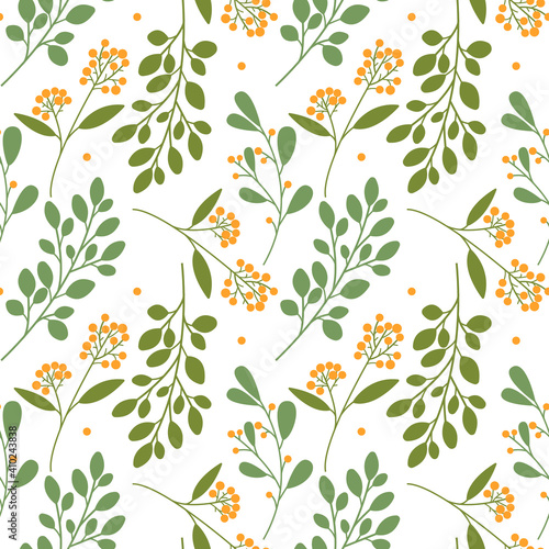 Hand drawn vector seamless pattern with floral elements. Vector pattern with leaves, twigs, branches, berries, grass. Green and white.