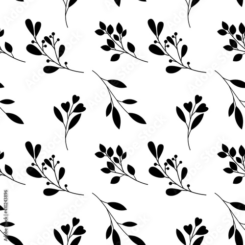 Hand drawn vector seamless pattern with floral elements. Vector pattern with leaves, twigs, branches, berries, grass. Green and white.