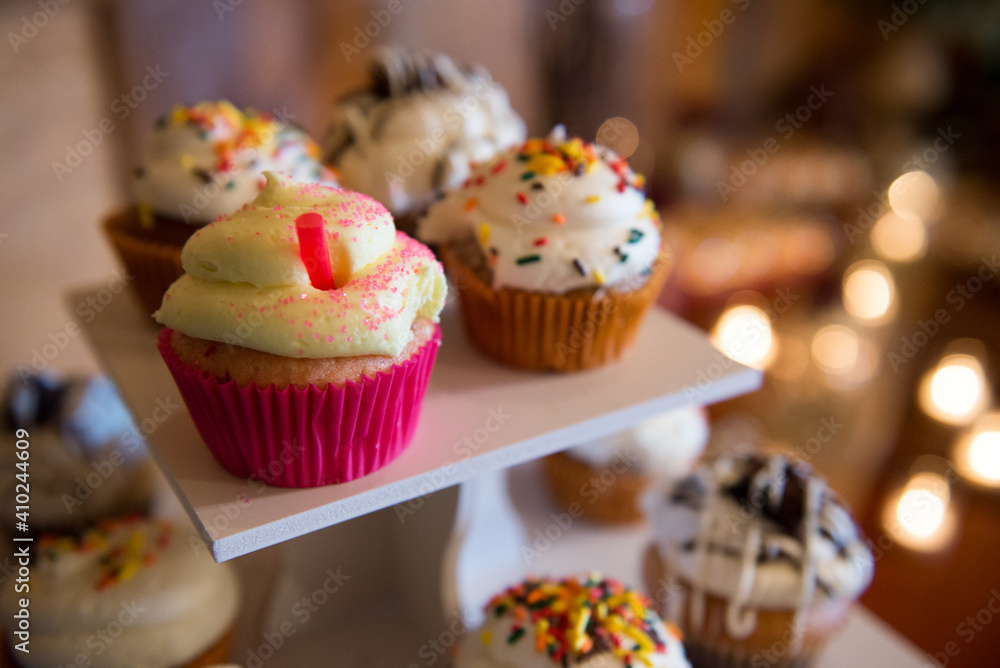 Beautiful Colorful Sweet Wedding Cake Cupcake Decor Closeup Image at Event Space