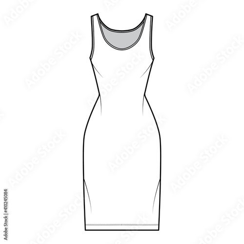 Tank dress technical fashion illustration with scoop neck, straps, knee length, fitted body, Pencil fullness. Flat apparel template front, white color. Women, men, unisex CAD mockup