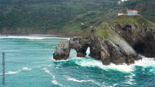 Flight over an amazing Gaztelugatxe island in Spain