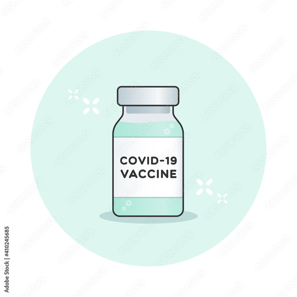 Coronavirus vaccine. Vial bottle inside circle. For prevention and immunization from Covid-19. Vector illustration, flat design Coronavirus vaccine. Vial bottle inside circle. For prevention and immunization from Covid-19. Vector illustration, flat design