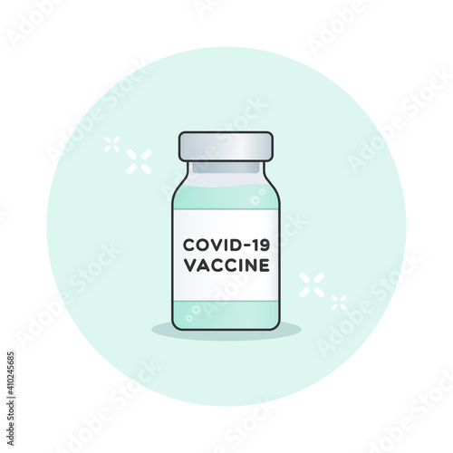 Coronavirus vaccine. Vial bottle inside circle. For prevention and immunization from Covid-19. Vector illustration, flat design