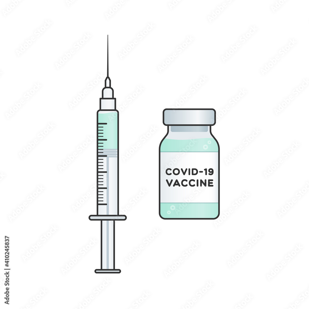 Coronavirus vaccine. Vial bottle and syringe. For prevention and immunization from Covid-19. Vector illustration, flat design Coronavirus vaccine. Vial bottle and syringe. For prevention and immunization from Covid-19. Vector illustration, flat design