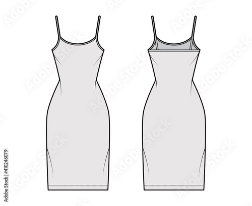 Camisole dress technical fashion illustration with scoop neck, straps, knee length, fitted body, Pencil fullness. Flat apparel template front, back, white, grey color. Women, men, unisex CAD mockup