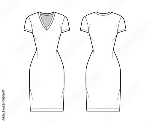 T-shirt dress technical fashion illustration with V-neck, short sleeves, knee length, fitted body, Pencil fullness. Flat apparel template front, back, white color. Women, men, unisex CAD mockup