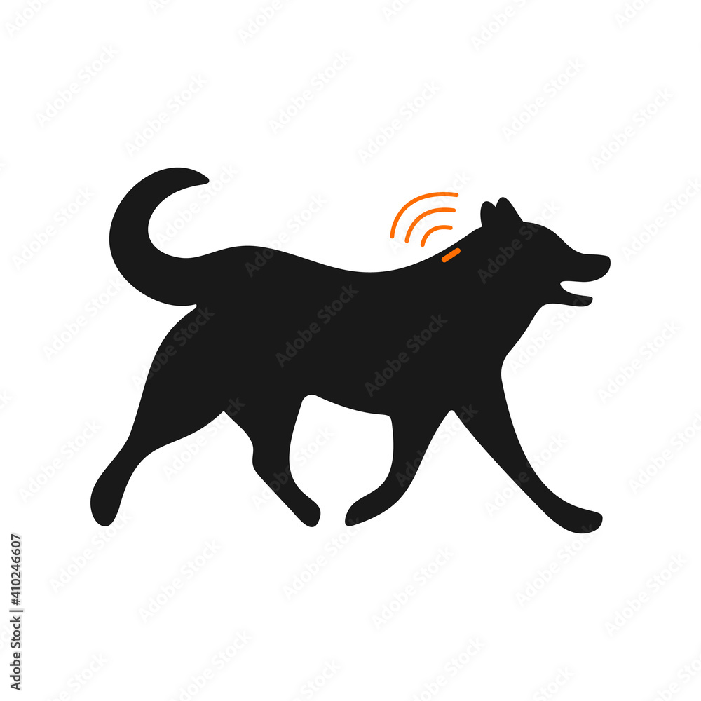 Pets microchipping concept. Dog silhouette with implant and RFID signal isolated on white background. Animals permanent identification. Vector flat illustration.
