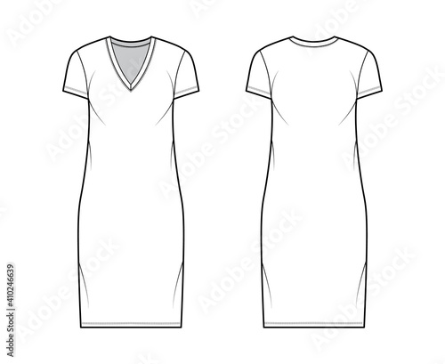 T-shirt dress technical fashion illustration with V-neck, short sleeves, knee length, oversized body, Pencil fullness. Flat apparel template front, back, white color. Women, men, unisex CAD mockup