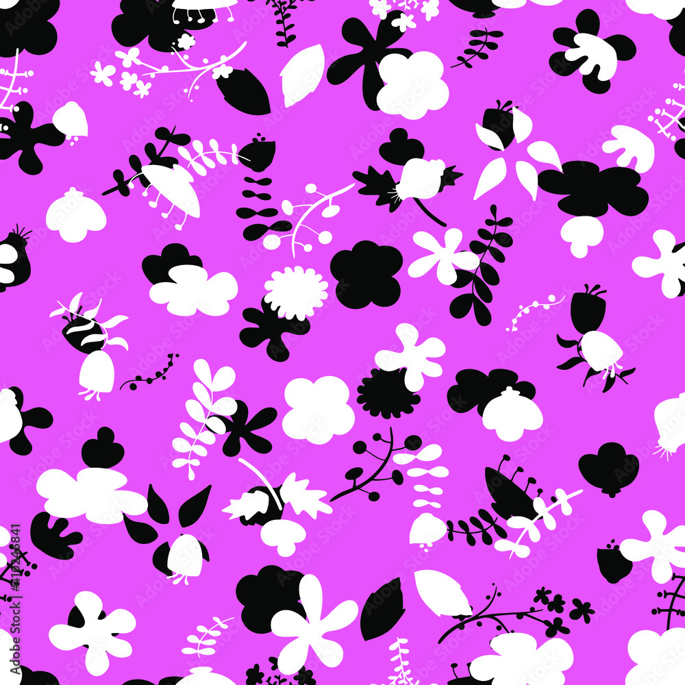 Seamless pattern with black and white spring flowers on a pink background.yellow, 