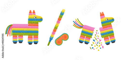 Whole and broken pinata donkey toy with eye mask and stick. Full and empty pinata isolated on white background. Traditional mexican game for birthday party. Vector flat illustration.