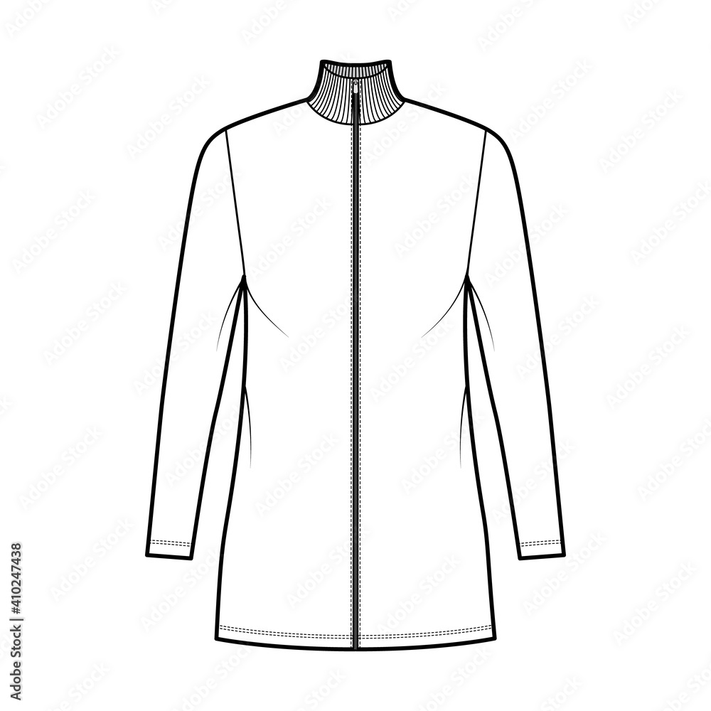Turtleneck zip-up dress technical fashion illustration with long sleeves, mini length, oversized body, Pencil fullness. Flat apparel template front, white color. Women, men, unisex CAD mockup Turtleneck zip-up dress technical fashion illustration with long sleeves, mini length, oversized body, Pencil fullness. Flat apparel template front, white color. Women, men, unisex CAD mockup